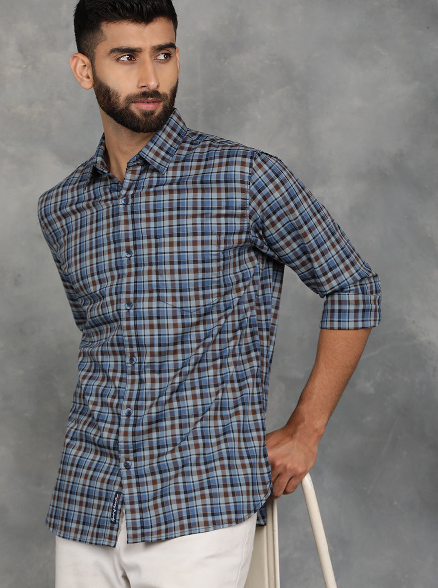 Blue Checked Slim Fit Casual Shirt | pehervi