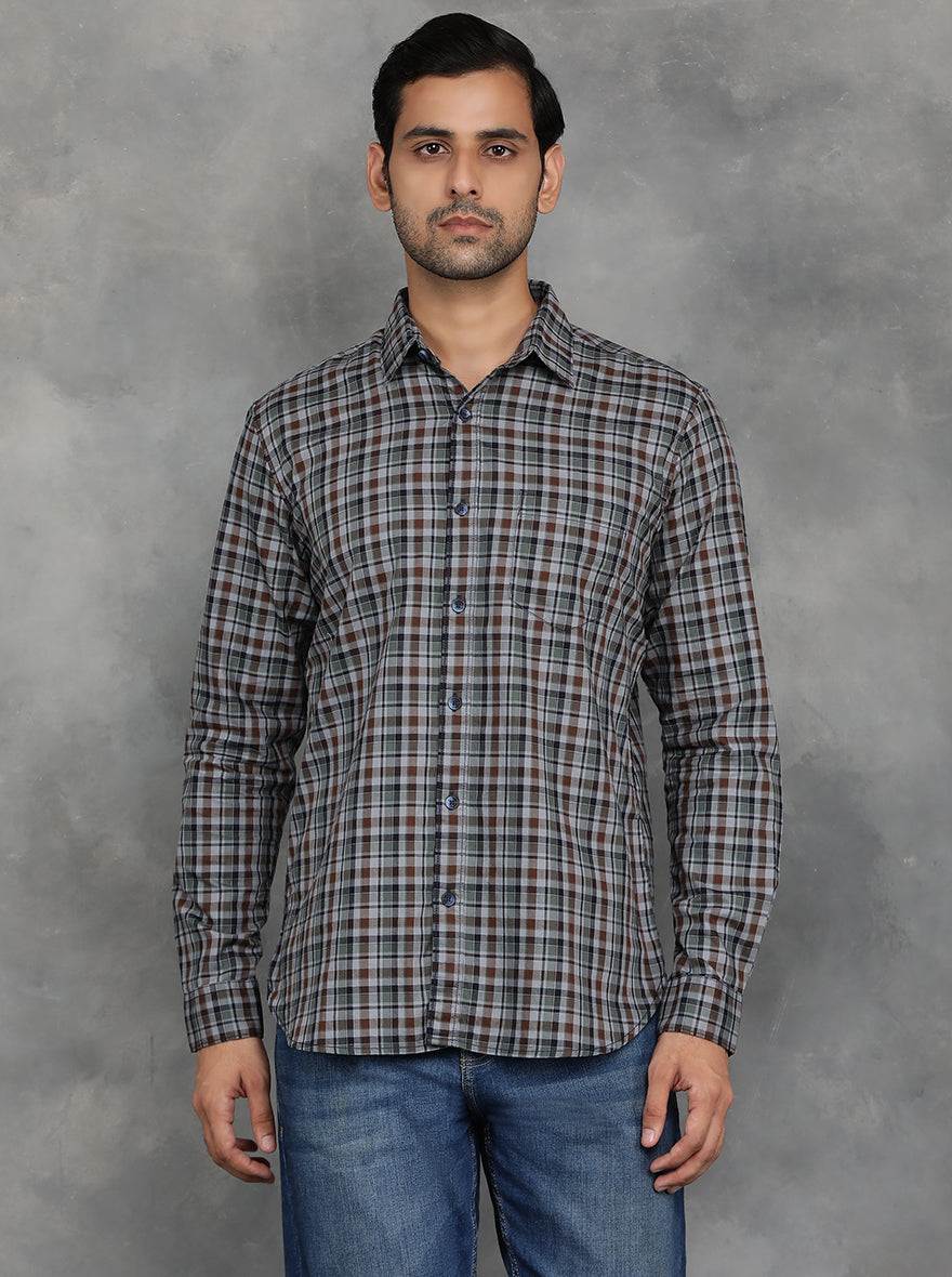 Green & Brown Checked Slim Fit Casual Shirt | pehervi
