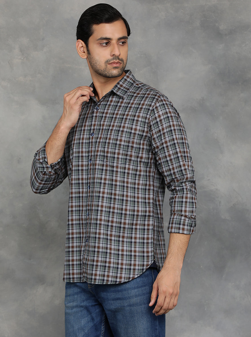 Green & Brown Checked Slim Fit Casual Shirt | pehervi