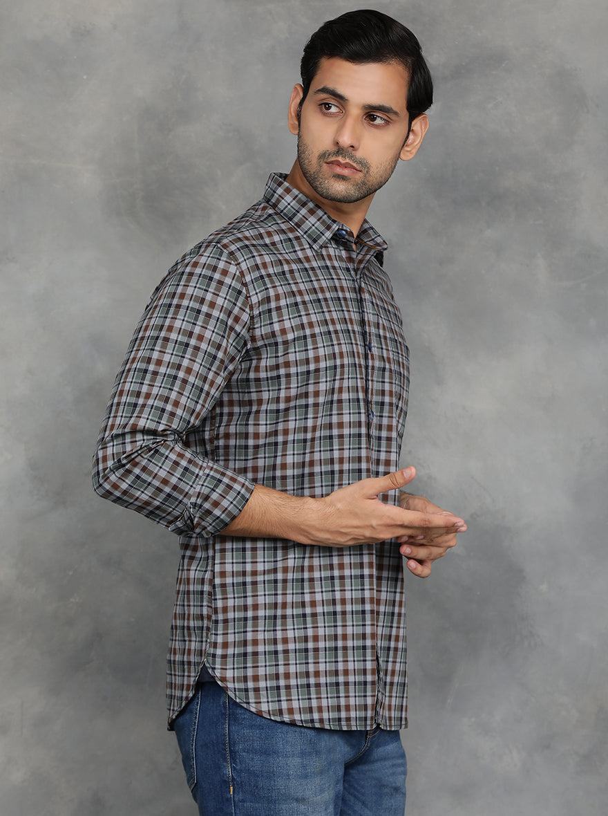 Green & Brown Checked Slim Fit Casual Shirt | pehervi