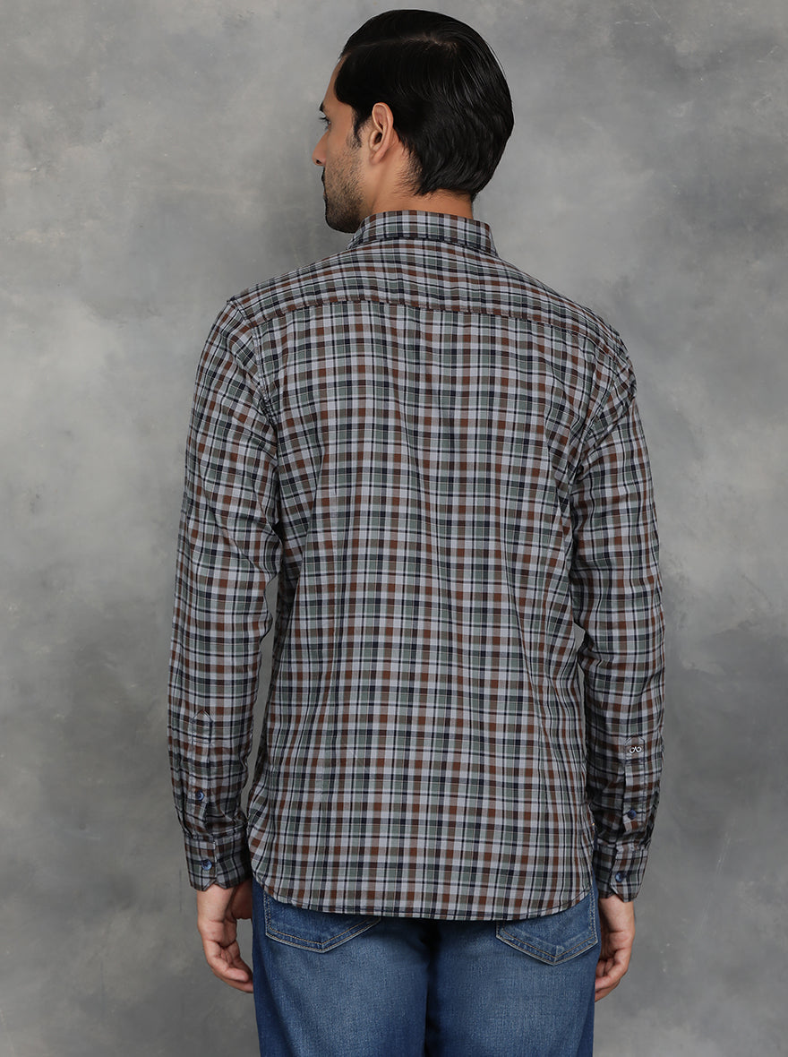 Green & Brown Checked Slim Fit Casual Shirt | pehervi