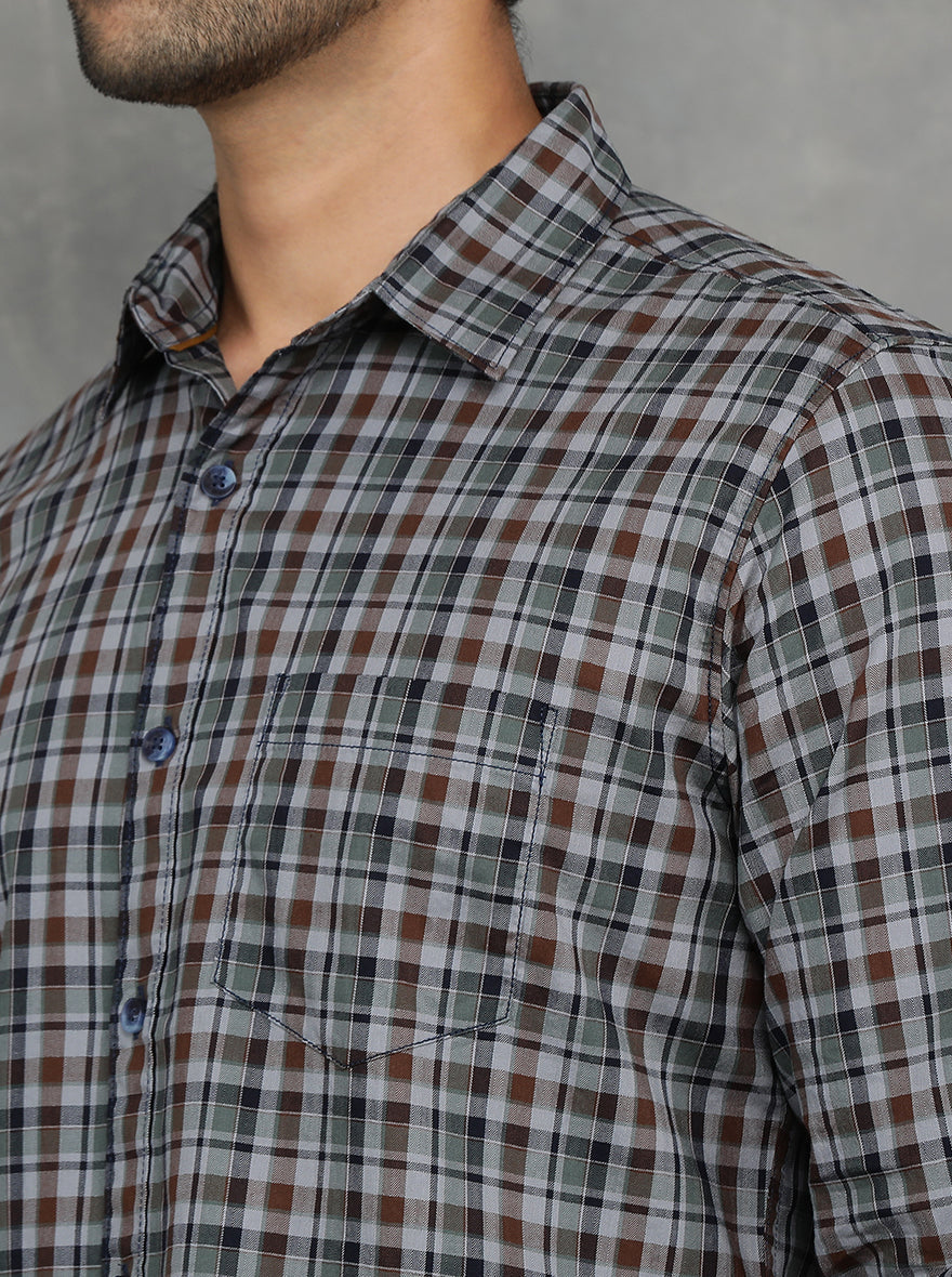 Green & Brown Checked Slim Fit Casual Shirt | pehervi