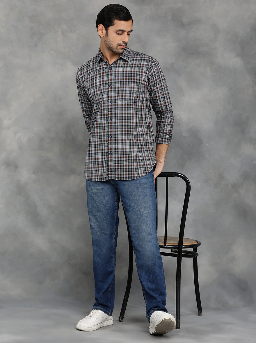 Green & Brown Checked Slim Fit Casual Shirt | pehervi