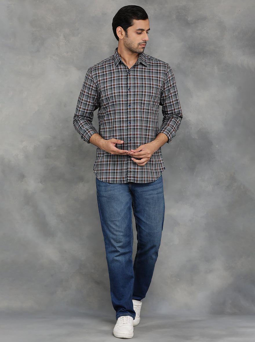 Green & Brown Checked Slim Fit Casual Shirt | pehervi