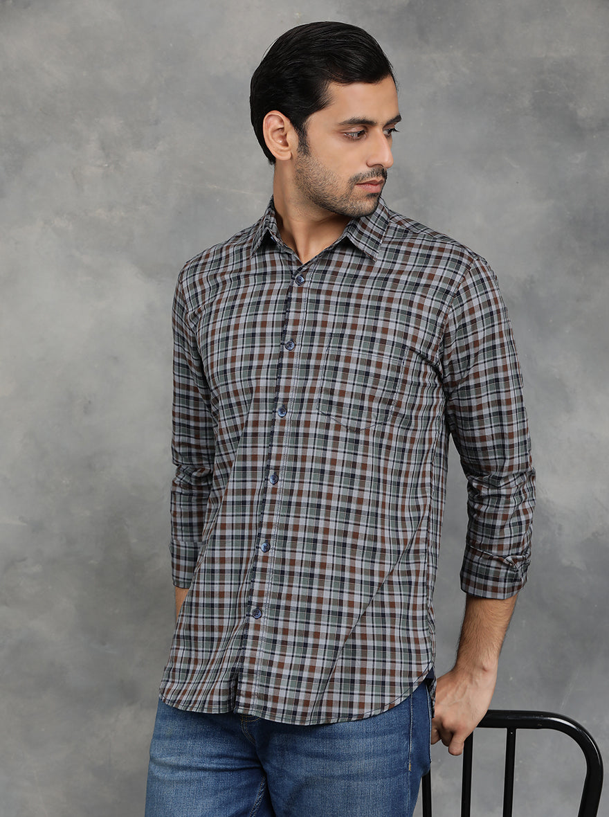 Green & Brown Checked Slim Fit Casual Shirt | pehervi