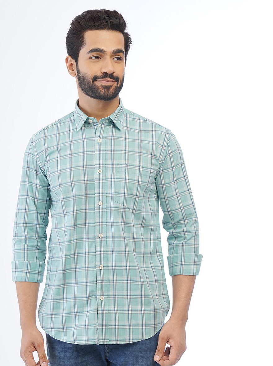 Green Checked Smart Fit Semi Casual Shirt | Pehervi