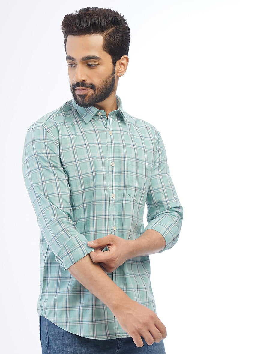 Green Checked Smart Fit Semi Casual Shirt | Pehervi