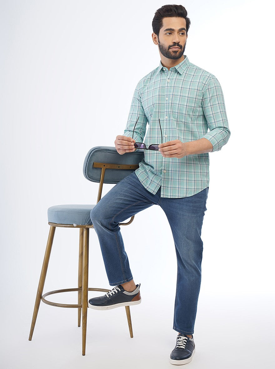 Green Checked Smart Fit Semi Casual Shirt | Pehervi