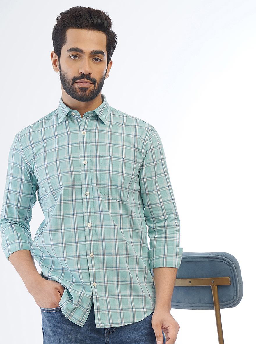 Green Checked Smart Fit Semi Casual Shirt | Pehervi