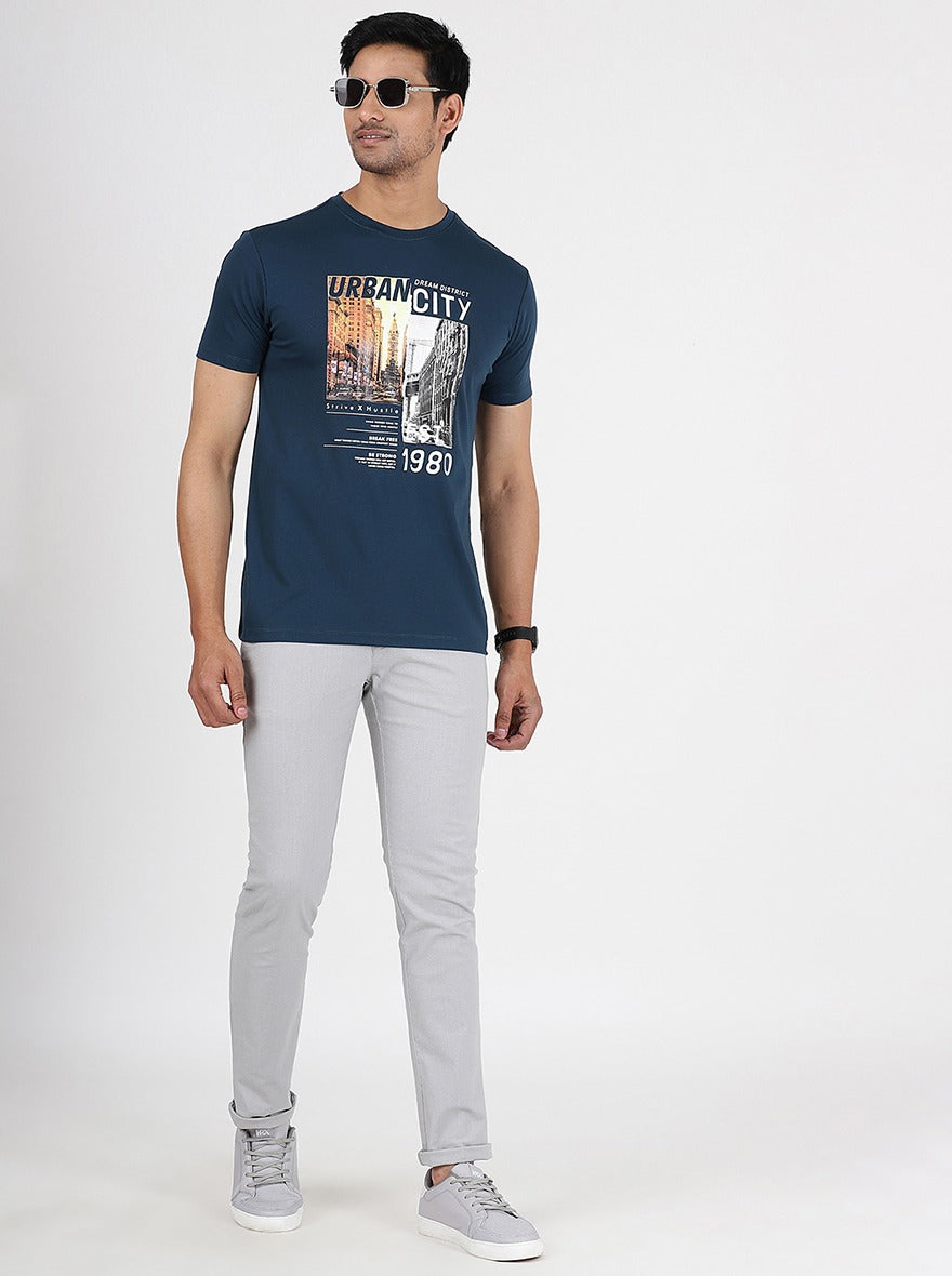 Navy Blue Printed Slim Fit T-Shirt | pehervi