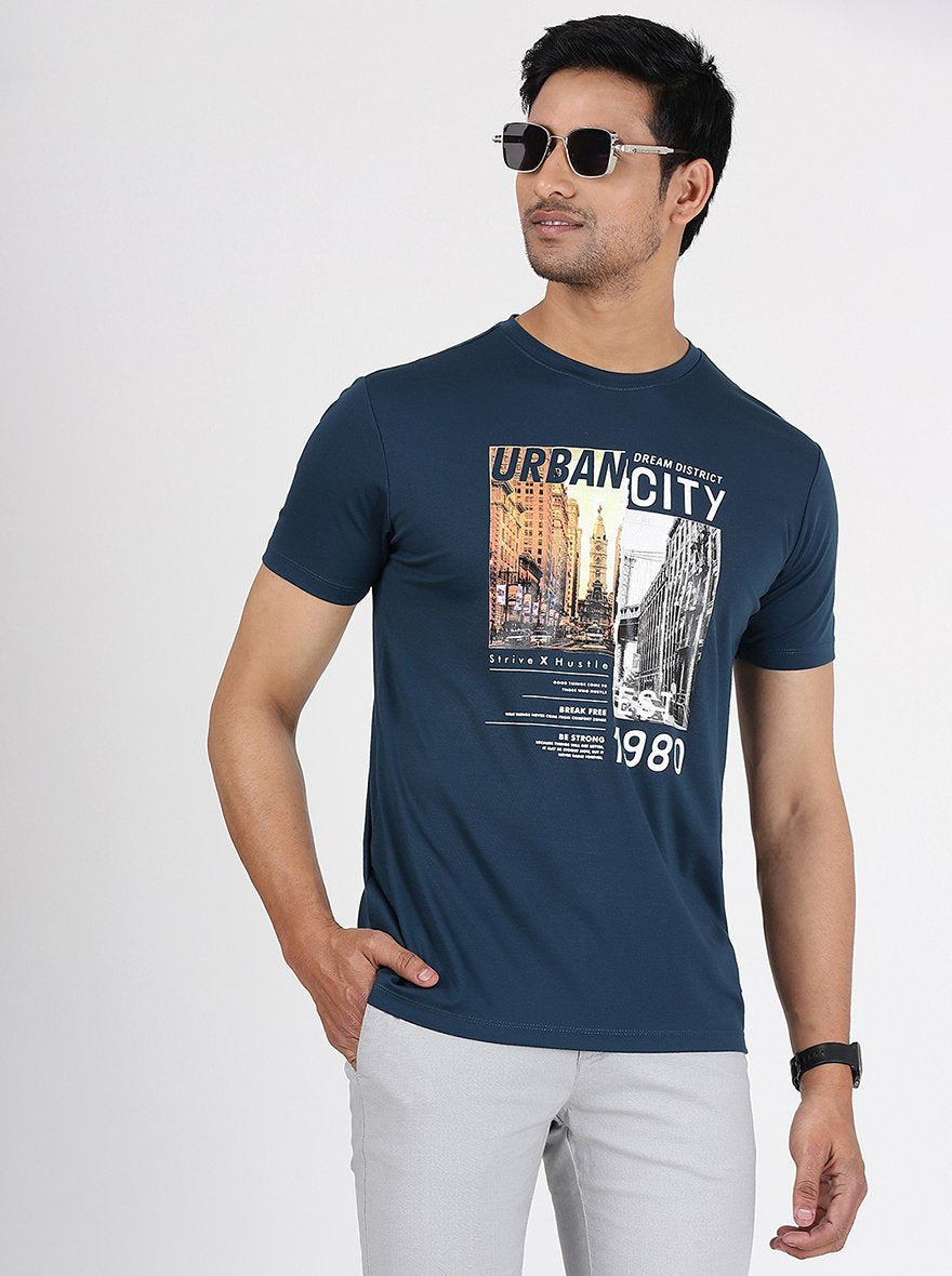 Navy Blue Printed Slim Fit T-Shirt | pehervi