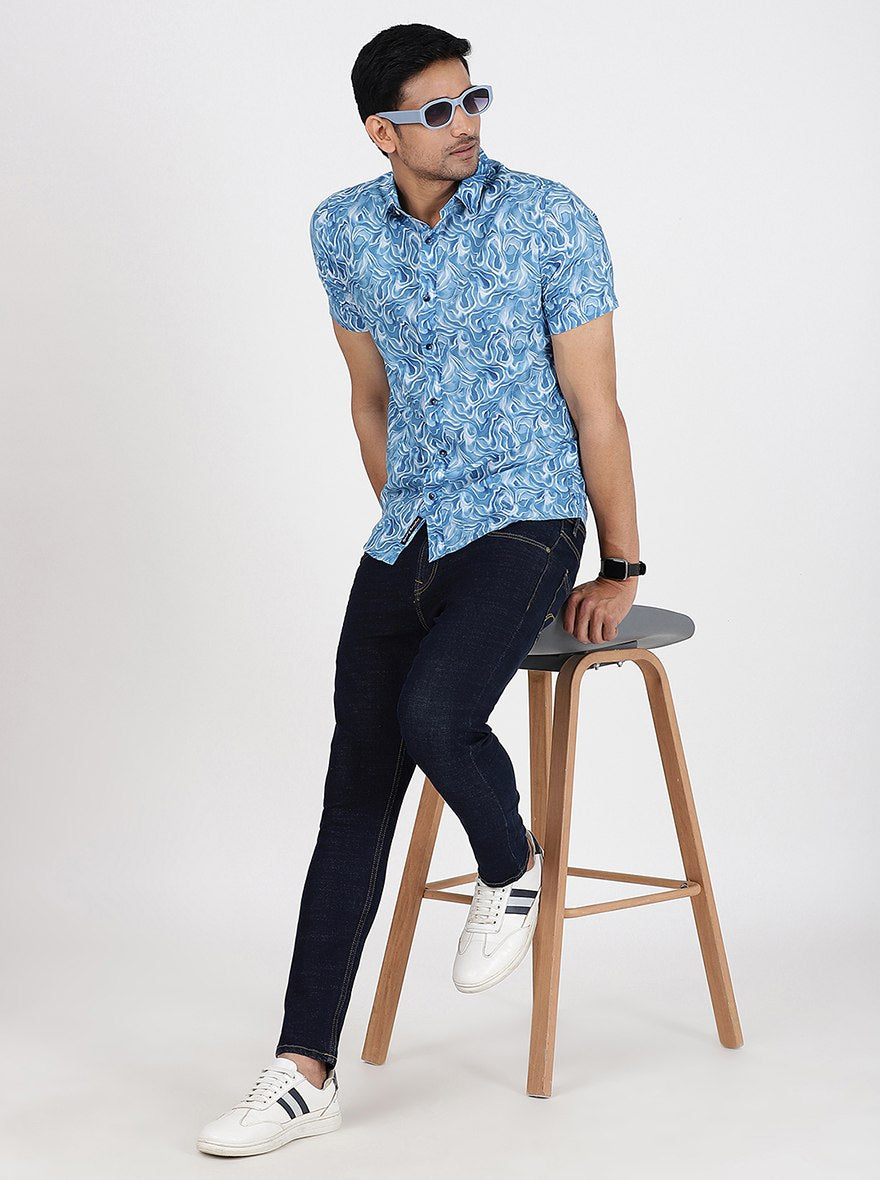 Blue Printed Slim Fit Casual Shirt | pehervi