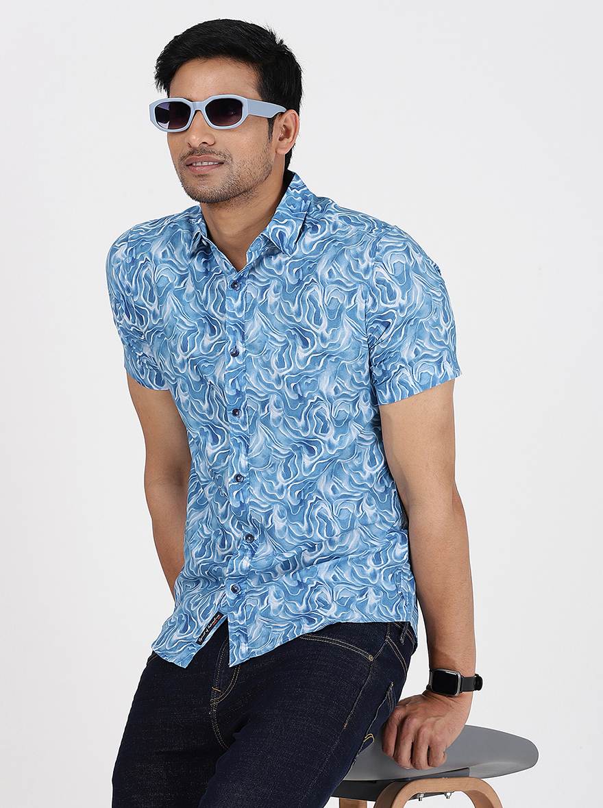 Blue Printed Slim Fit Casual Shirt | pehervi