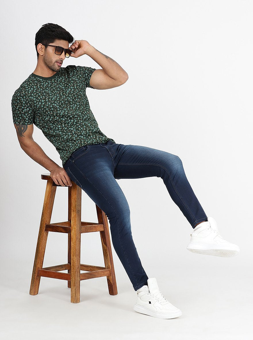 Bottle Green Printed Slim Fit T-Shirt | pehervi