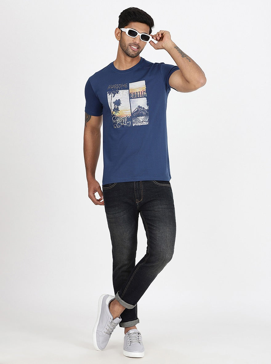 Blue Printed Slim Fit T-Shirt | pehervi