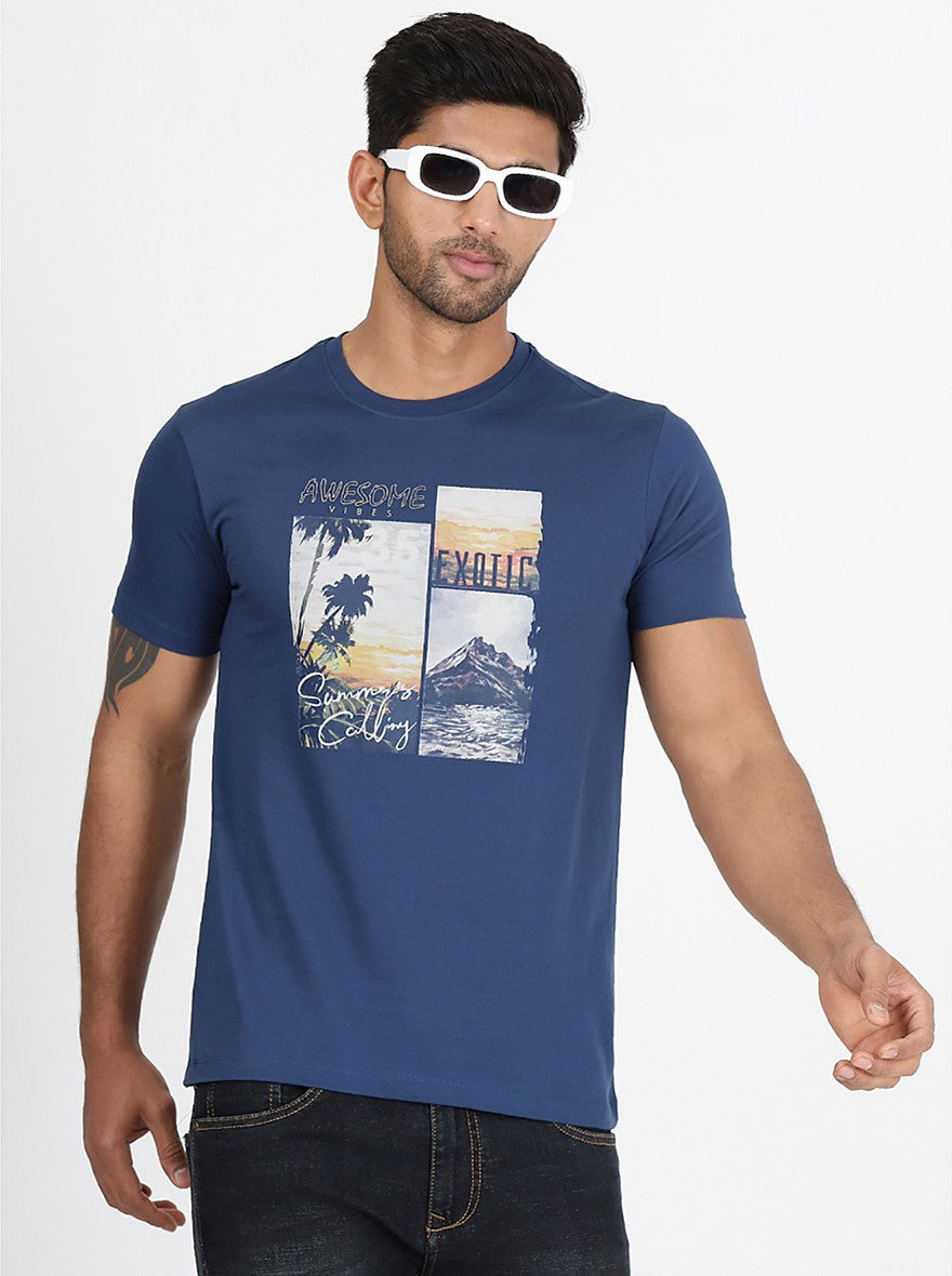 Blue Printed Slim Fit T-Shirt | pehervi