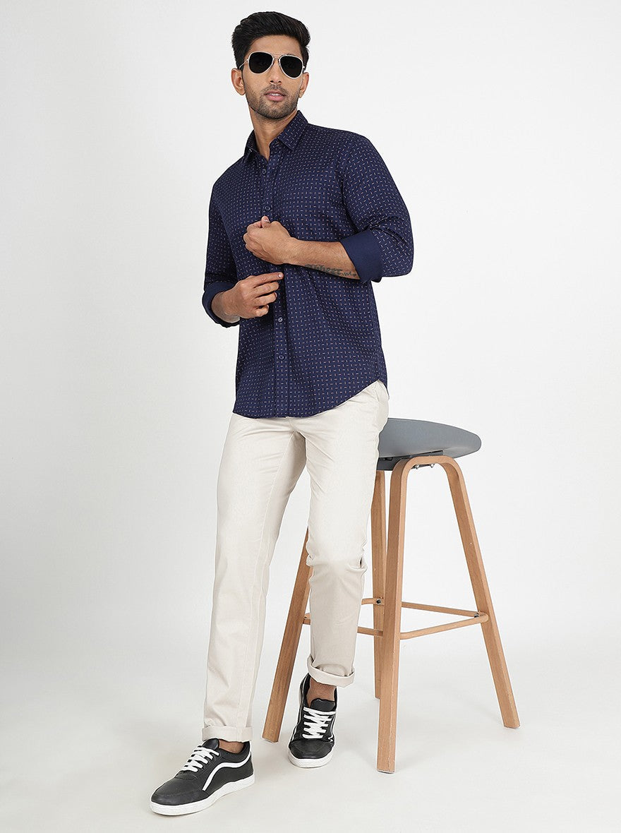 Navy Blue Printed Slim Fit Semi Casual Shirt | Pehervi