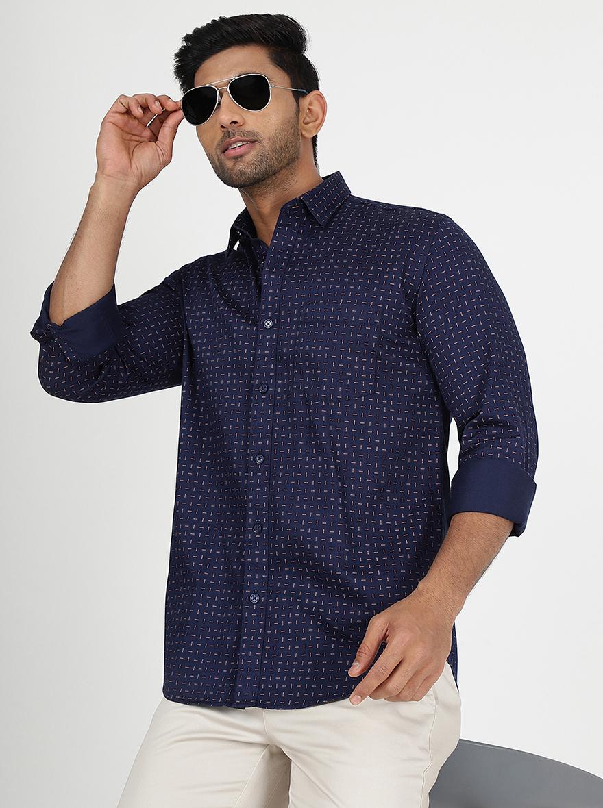 Navy Blue Printed Slim Fit Semi Casual Shirt | Pehervi