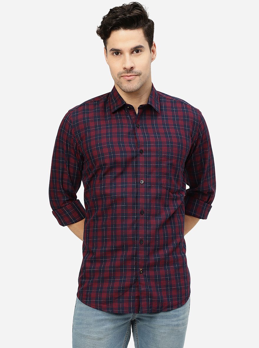 Blue & Red Checked Smart Fit Semi Casual Shirt | Pehervi