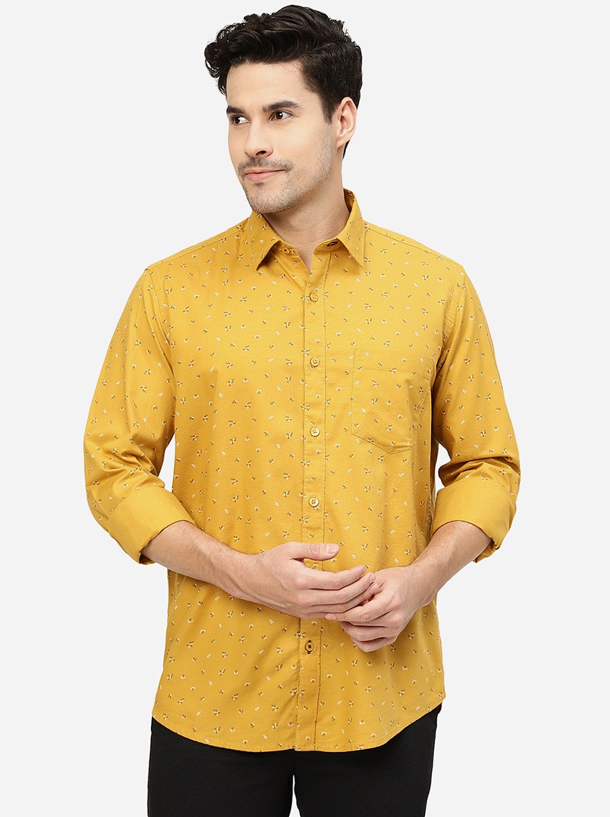 Mustard Yellow Printed Smart Fit Semi Casual Shirt | Pehervi
