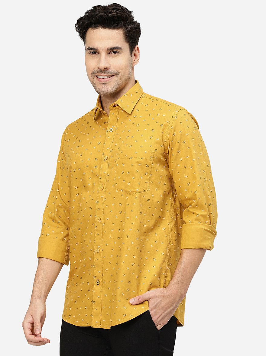Mustard Yellow Printed Smart Fit Semi Casual Shirt | Pehervi
