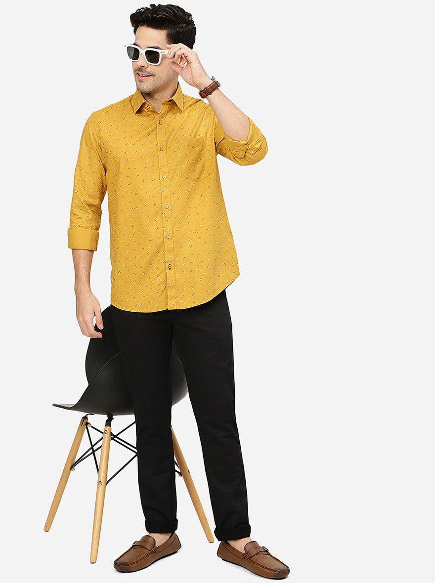 Mustard Yellow Printed Smart Fit Semi Casual Shirt | Pehervi