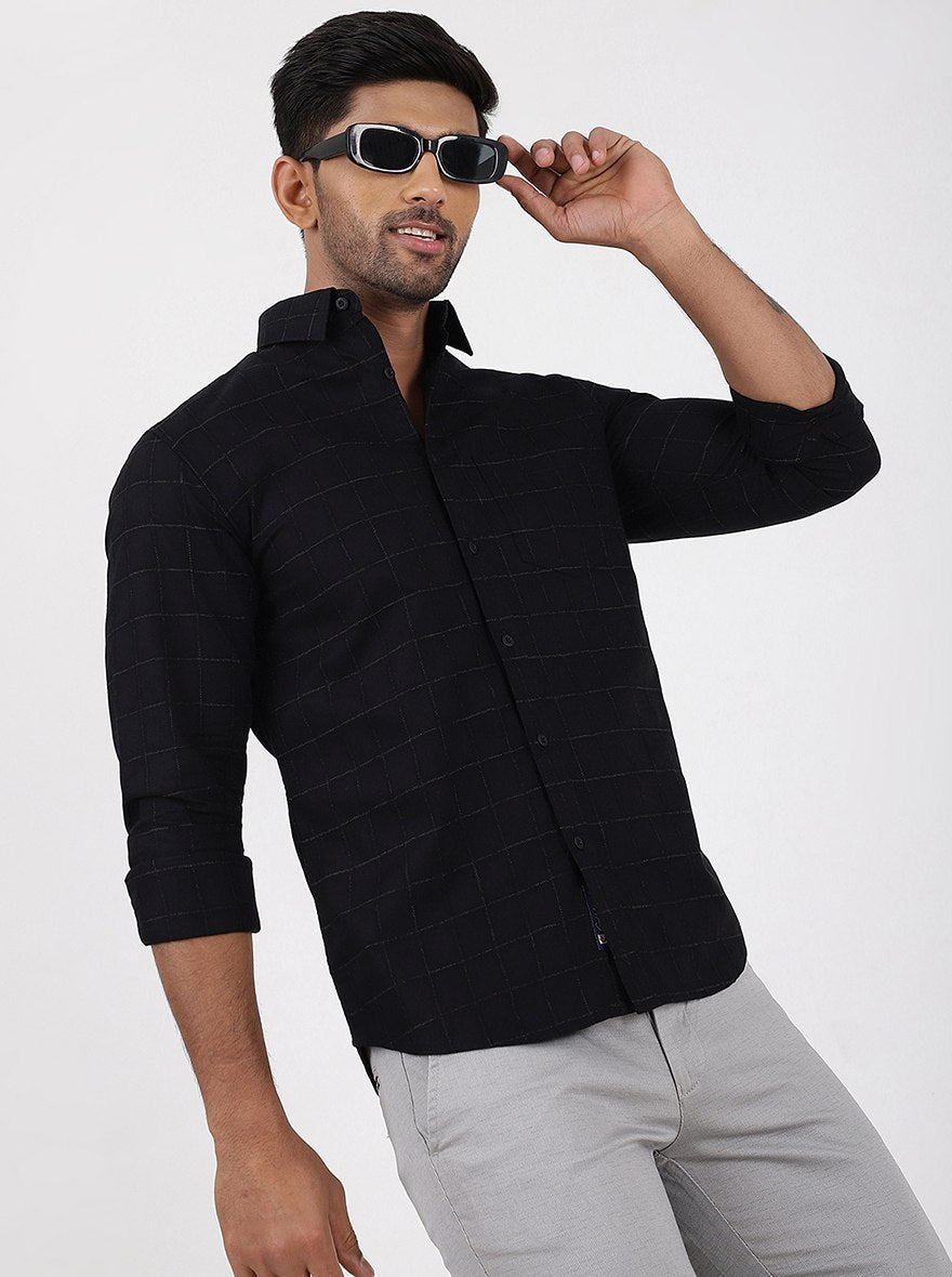 Black Checked Slim Fit Casual Shirt | pehervi