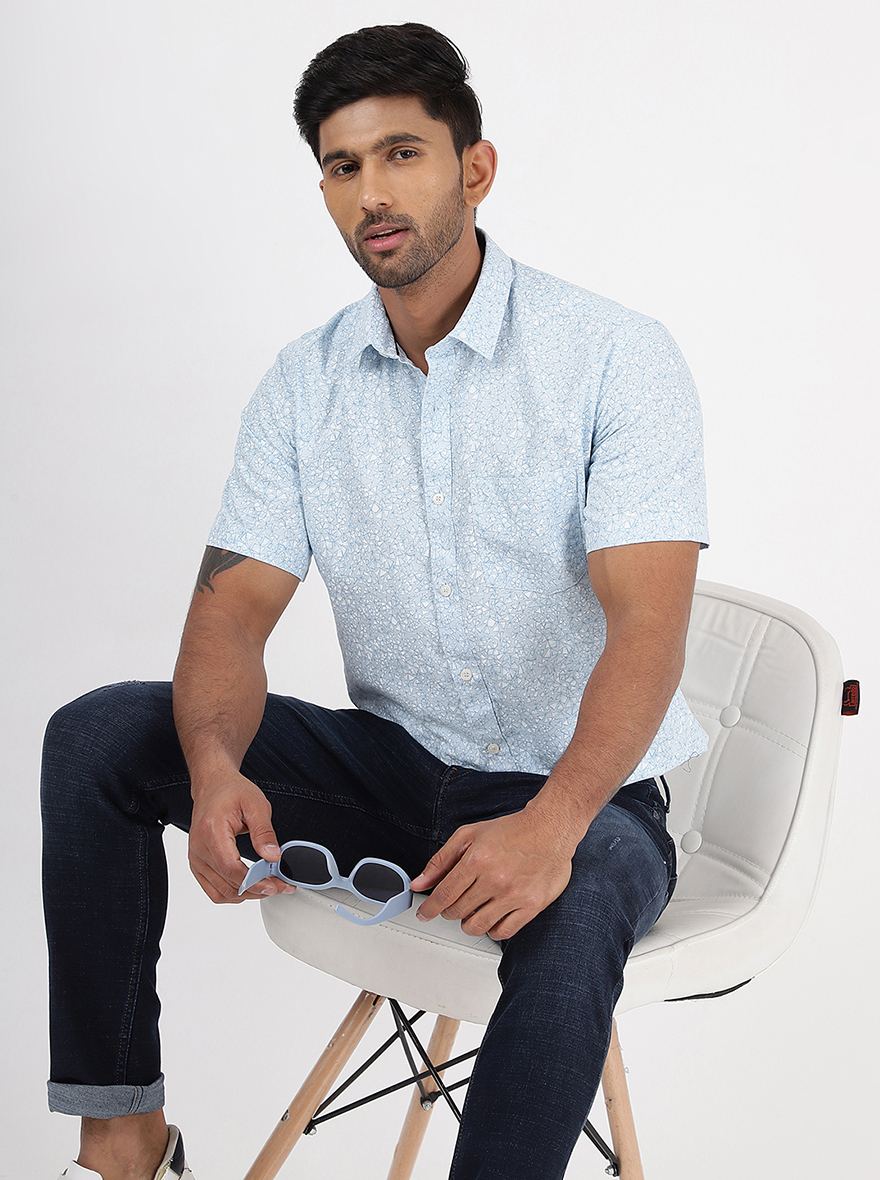 Light Blue Printed Smart Fit Semi Casual Shirt | Pehervi