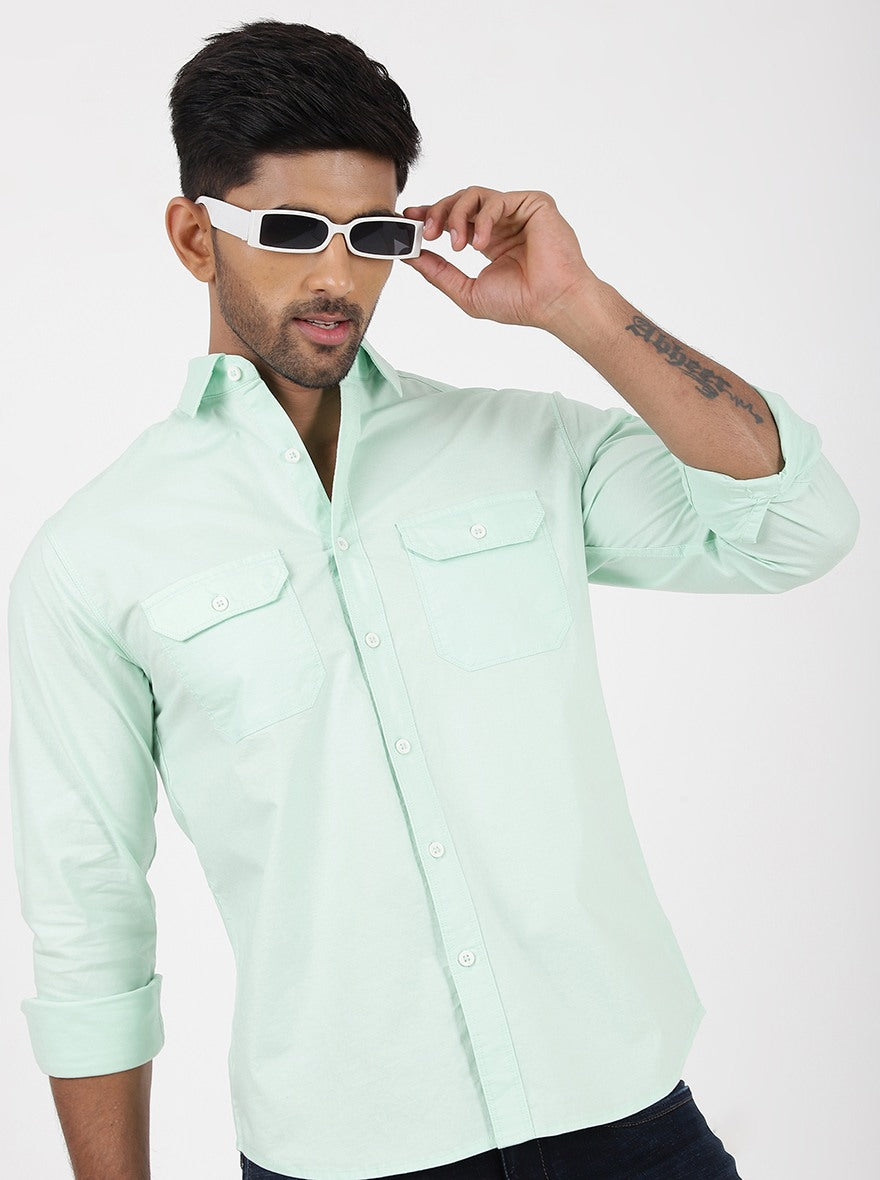 Light Green Solid Slim Fit Casual Shirt | pehervi