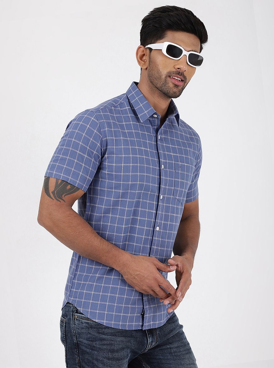 Blue Checked Slim Fit Casual Shirt | pehervi