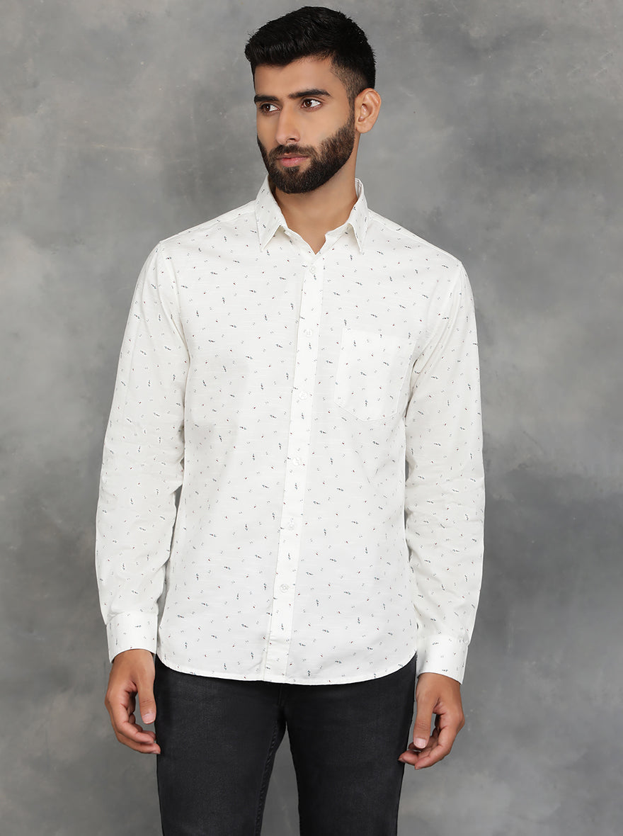 Off White Printed Slim Fit Casual Shirt | pehervi