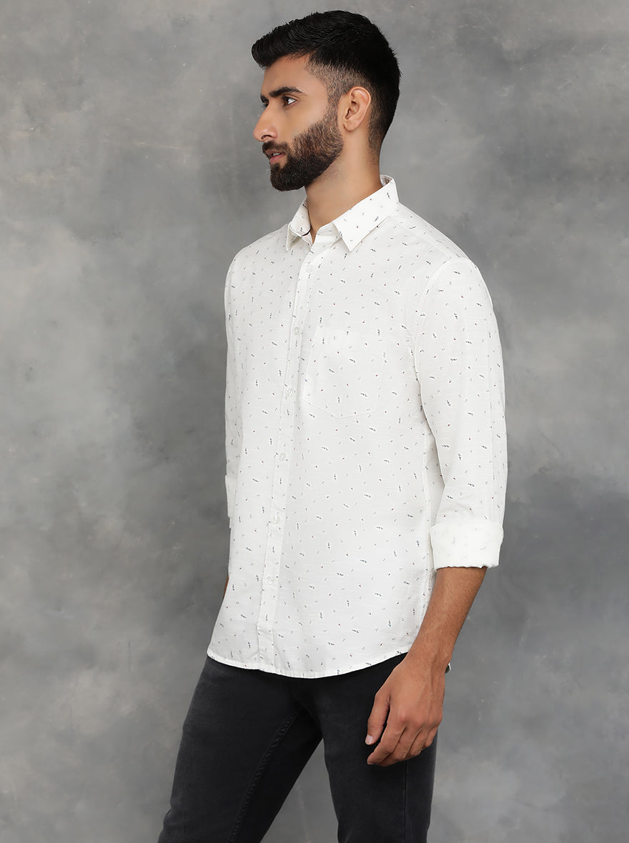 Off White Printed Slim Fit Casual Shirt | pehervi