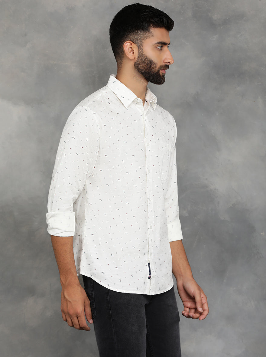Off White Printed Slim Fit Casual Shirt | pehervi