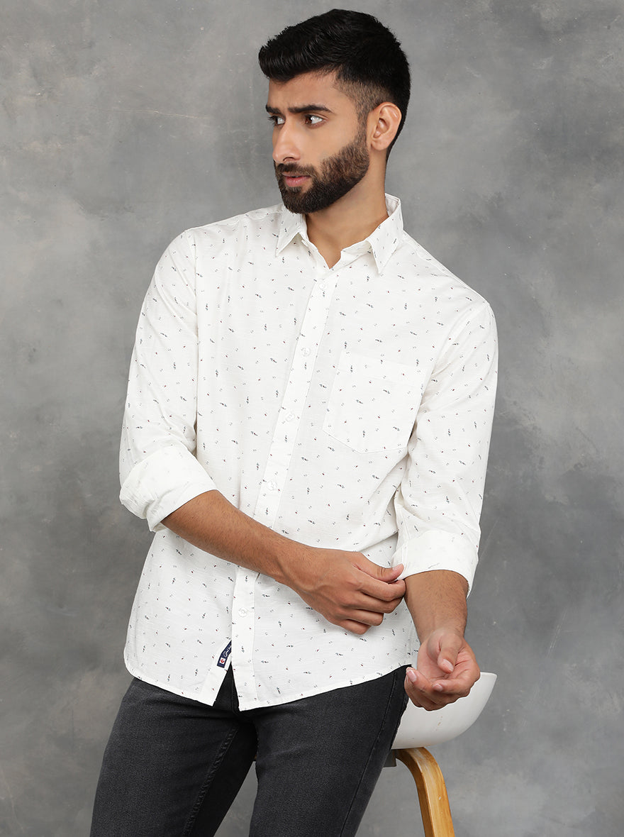 Off White Printed Slim Fit Casual Shirt | pehervi