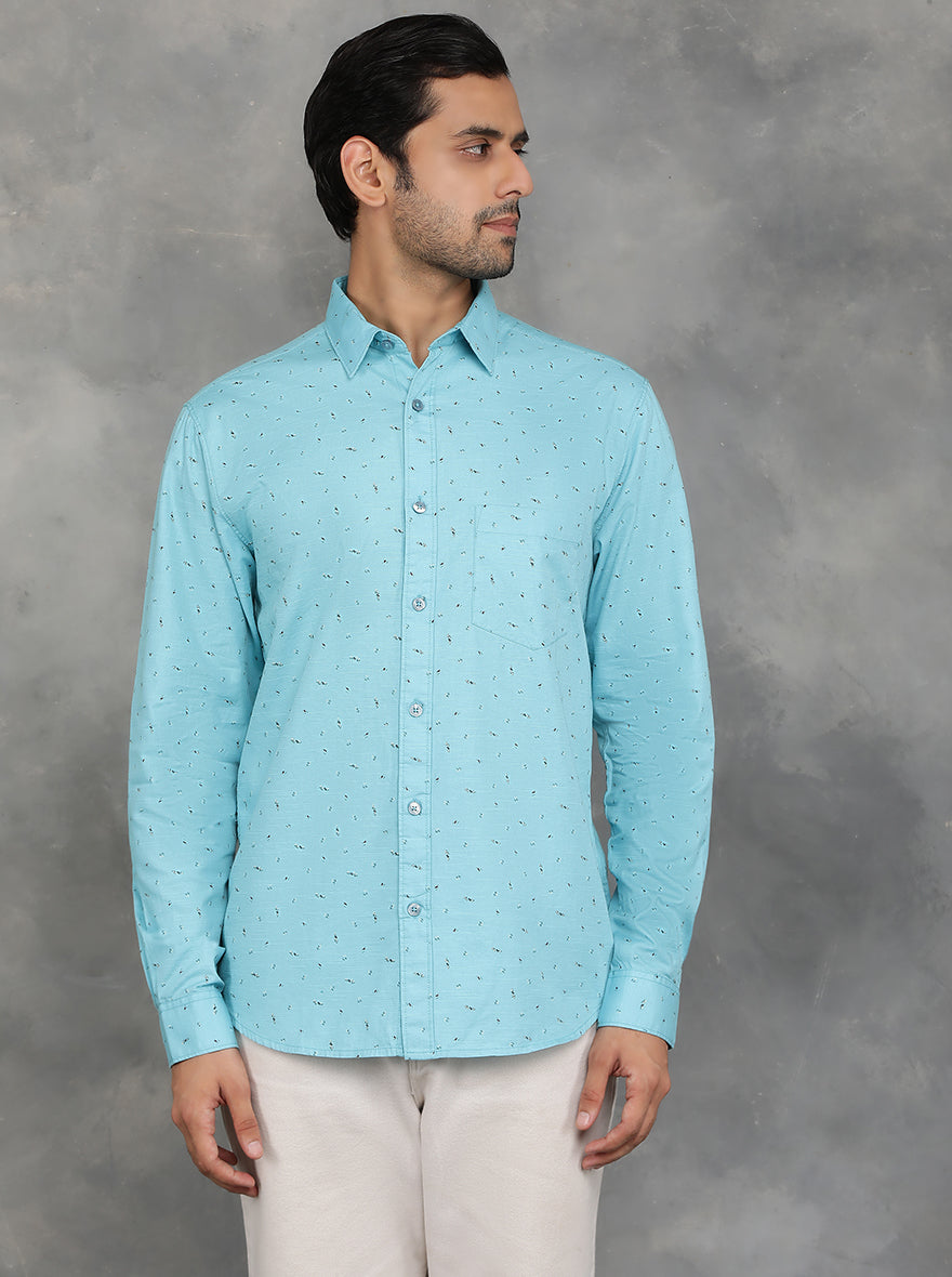 Light Blue Printed Slim Fit Casual Shirt | pehervi
