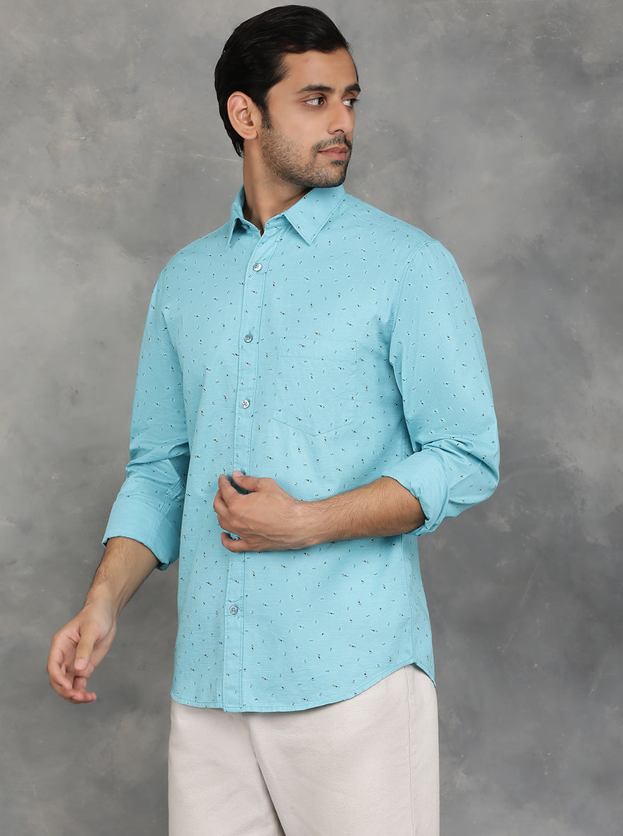 Light Blue Printed Slim Fit Casual Shirt | pehervi