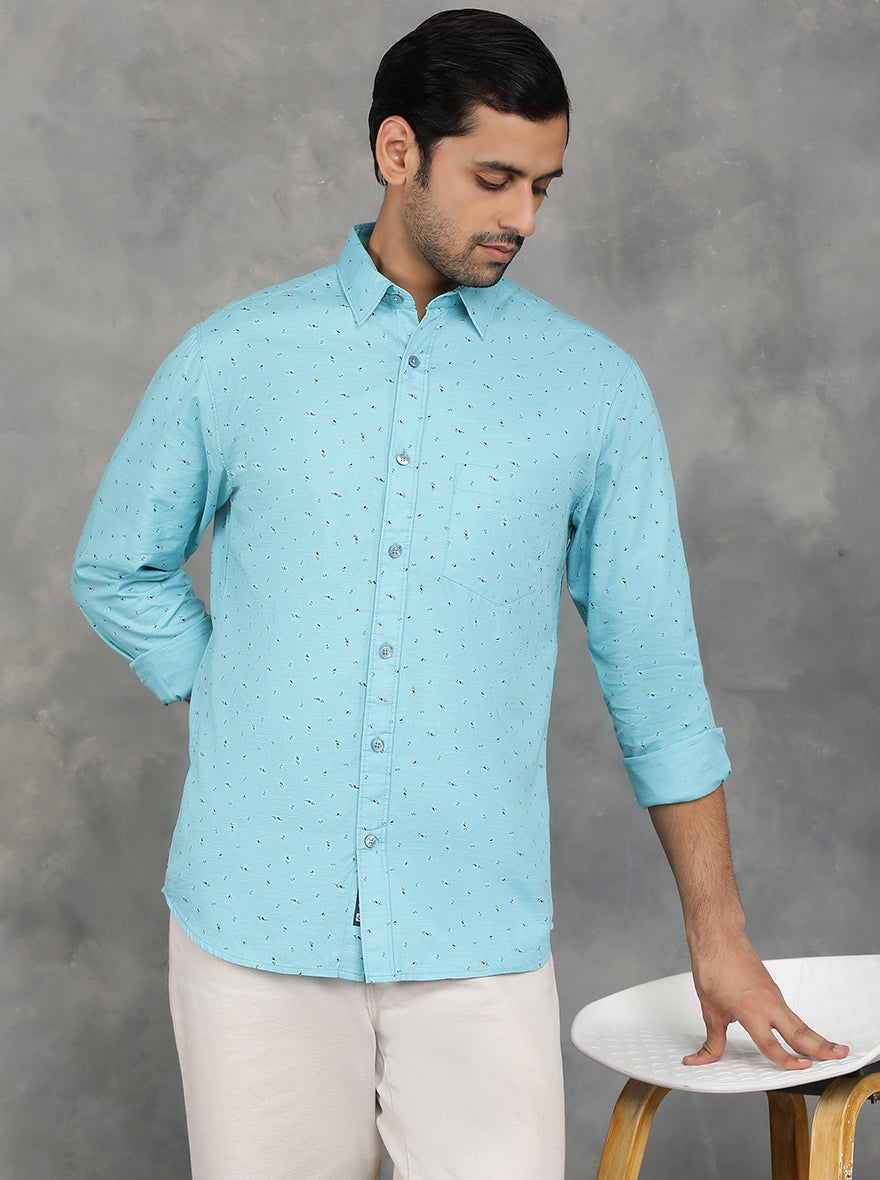 Light Blue Printed Slim Fit Casual Shirt | pehervi