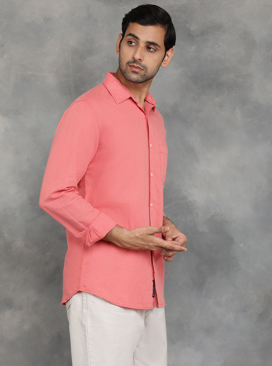 Coral Pink Solid Slim Fit Casual Shirt | pehervi