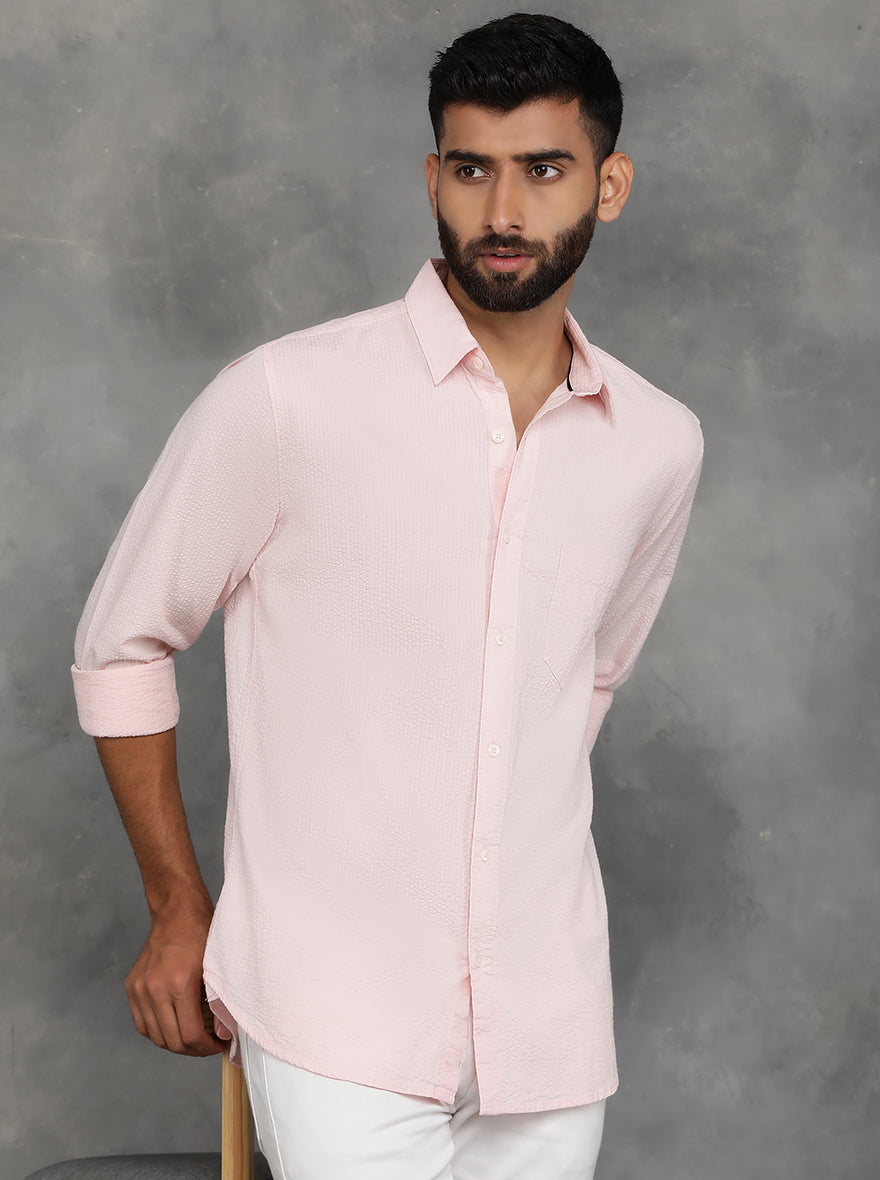 Light Pink Solid Slim Fit Casual Shirt | pehervi