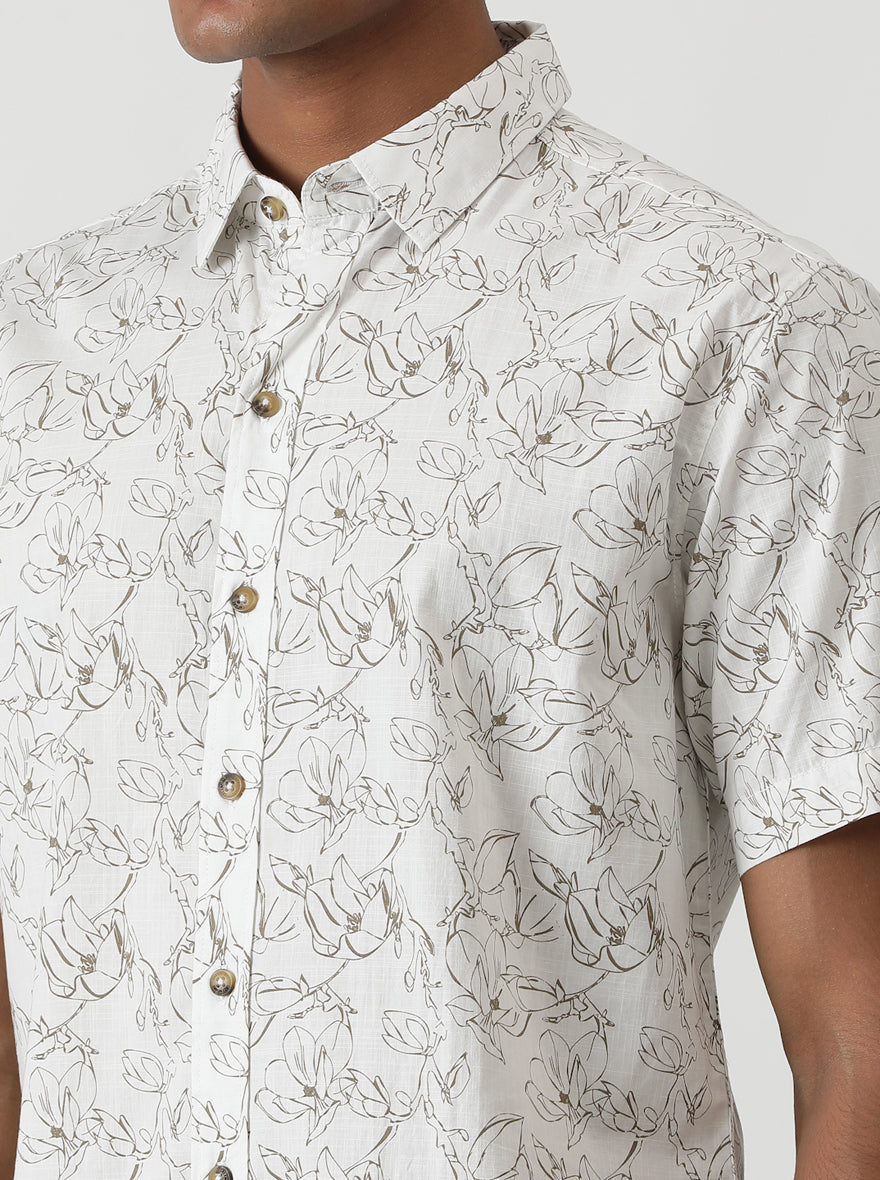 White Printed Slim Fit Casual Shirt | pehervi