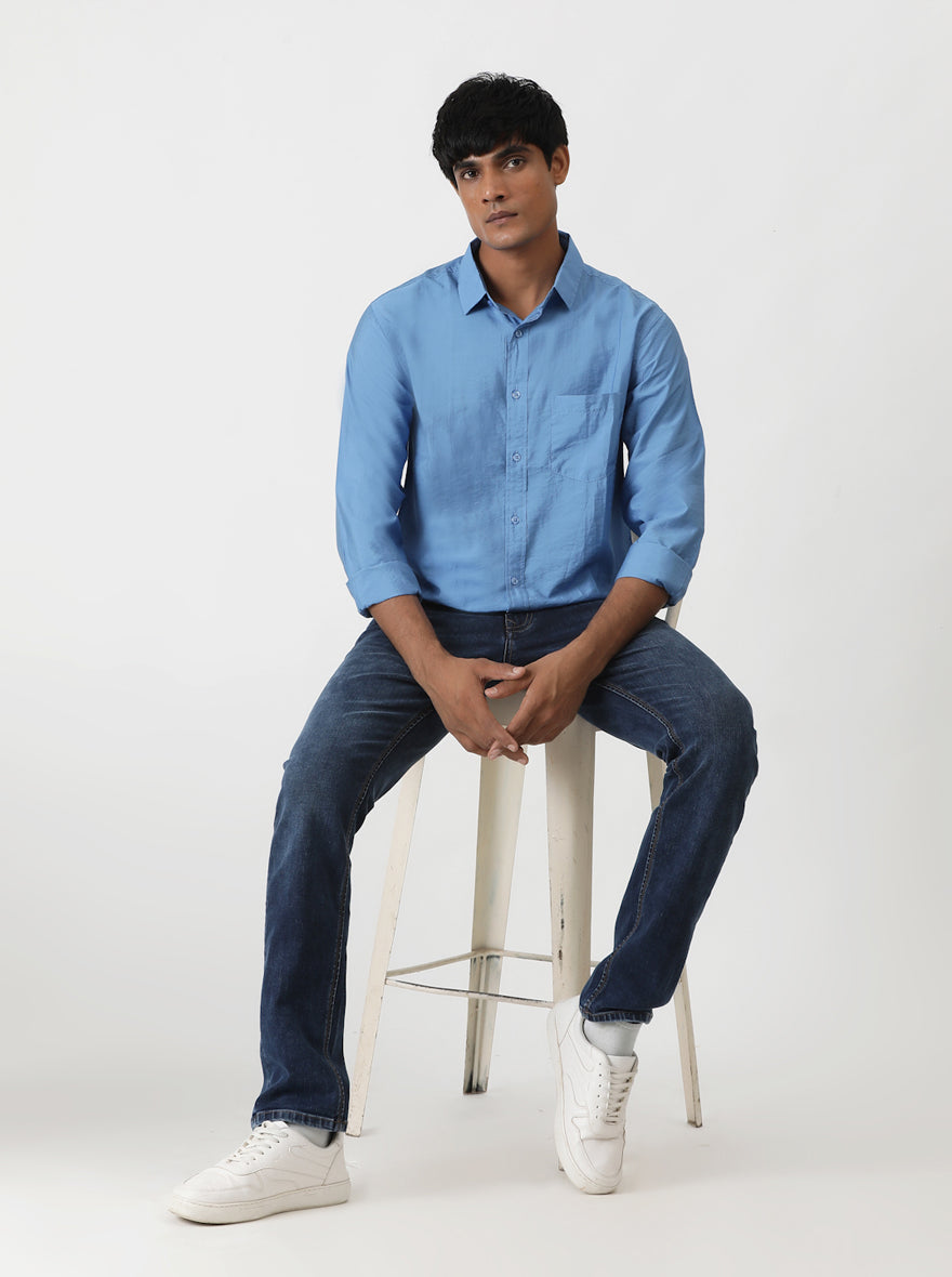Blue Solid Slim Fit Casual Shirt | pehervi