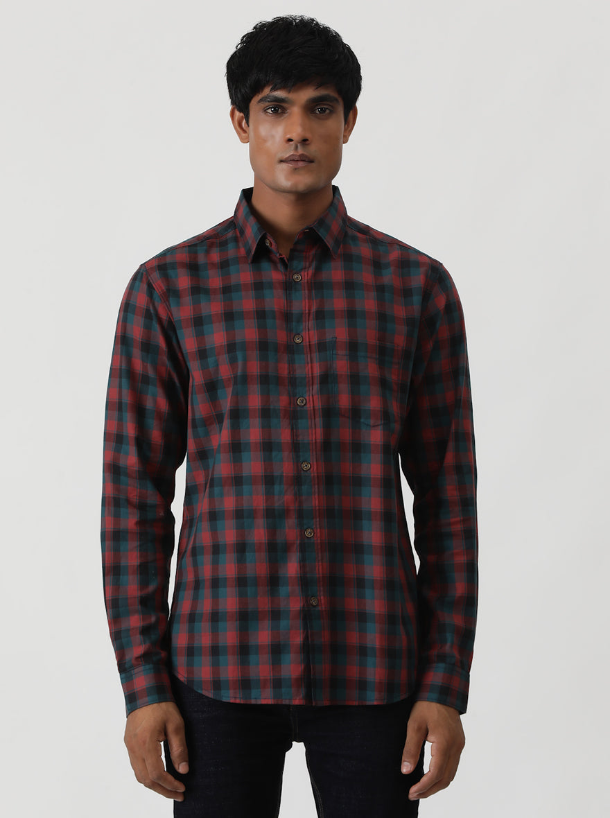 Red Checked Slim Fit Casual Shirt | pehervi