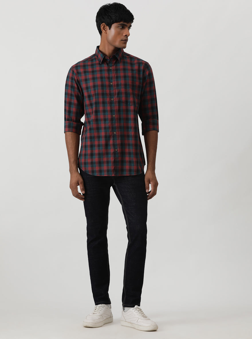 Red Checked Slim Fit Casual Shirt | pehervi