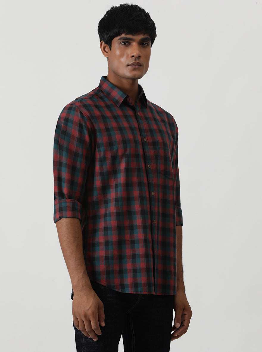 Red Checked Slim Fit Casual Shirt | pehervi