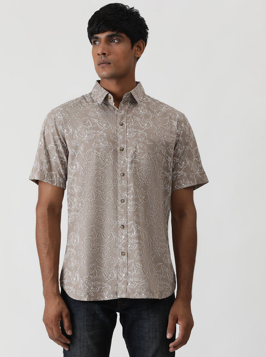 Brown Printed Slim Fit Casual Shirt | pehervi