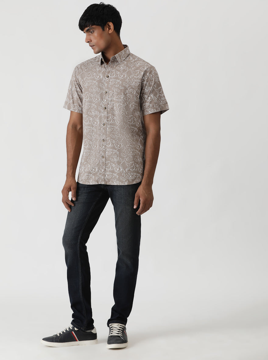 Brown Printed Slim Fit Casual Shirt | pehervi