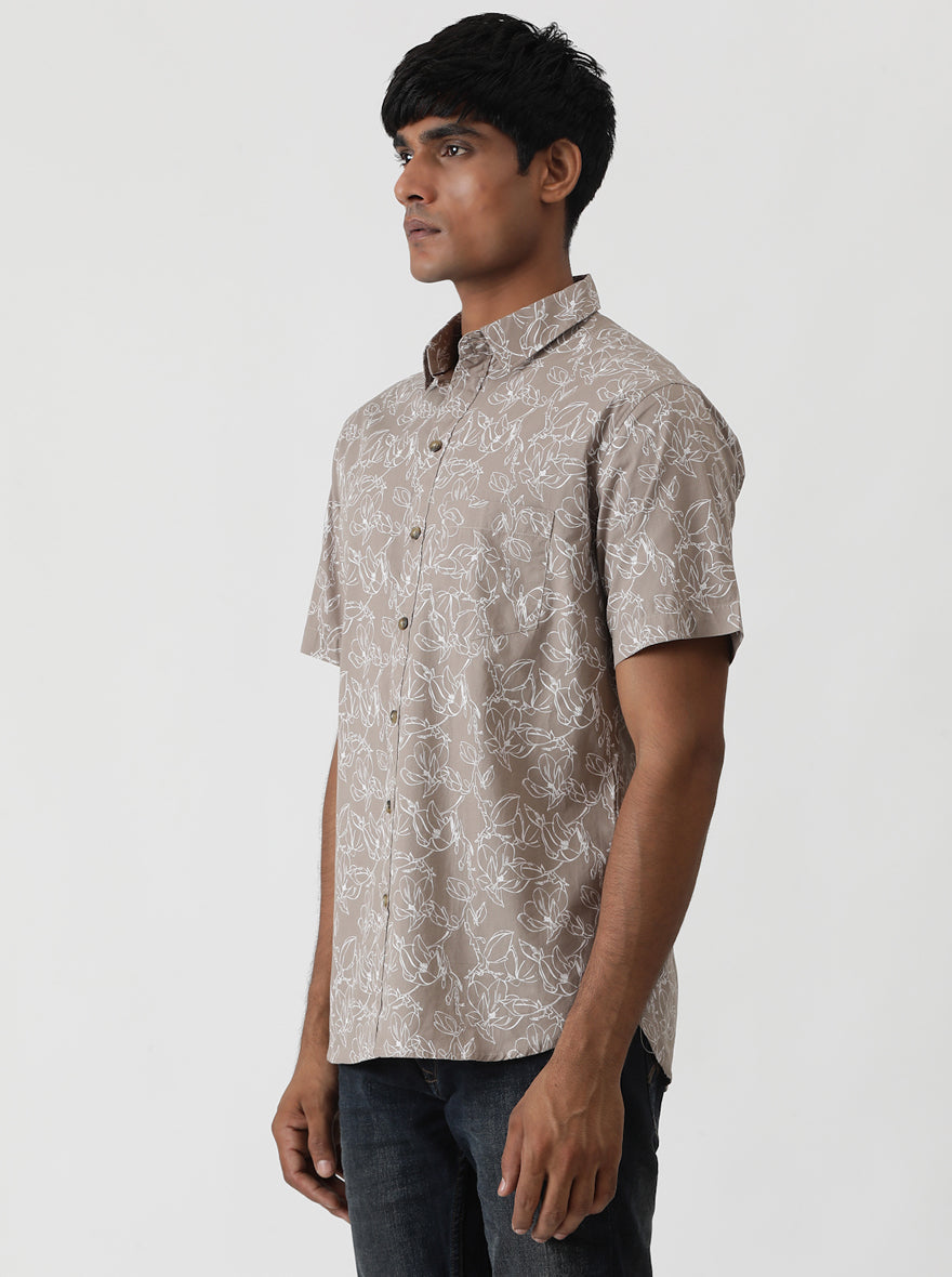 Brown Printed Slim Fit Casual Shirt | pehervi
