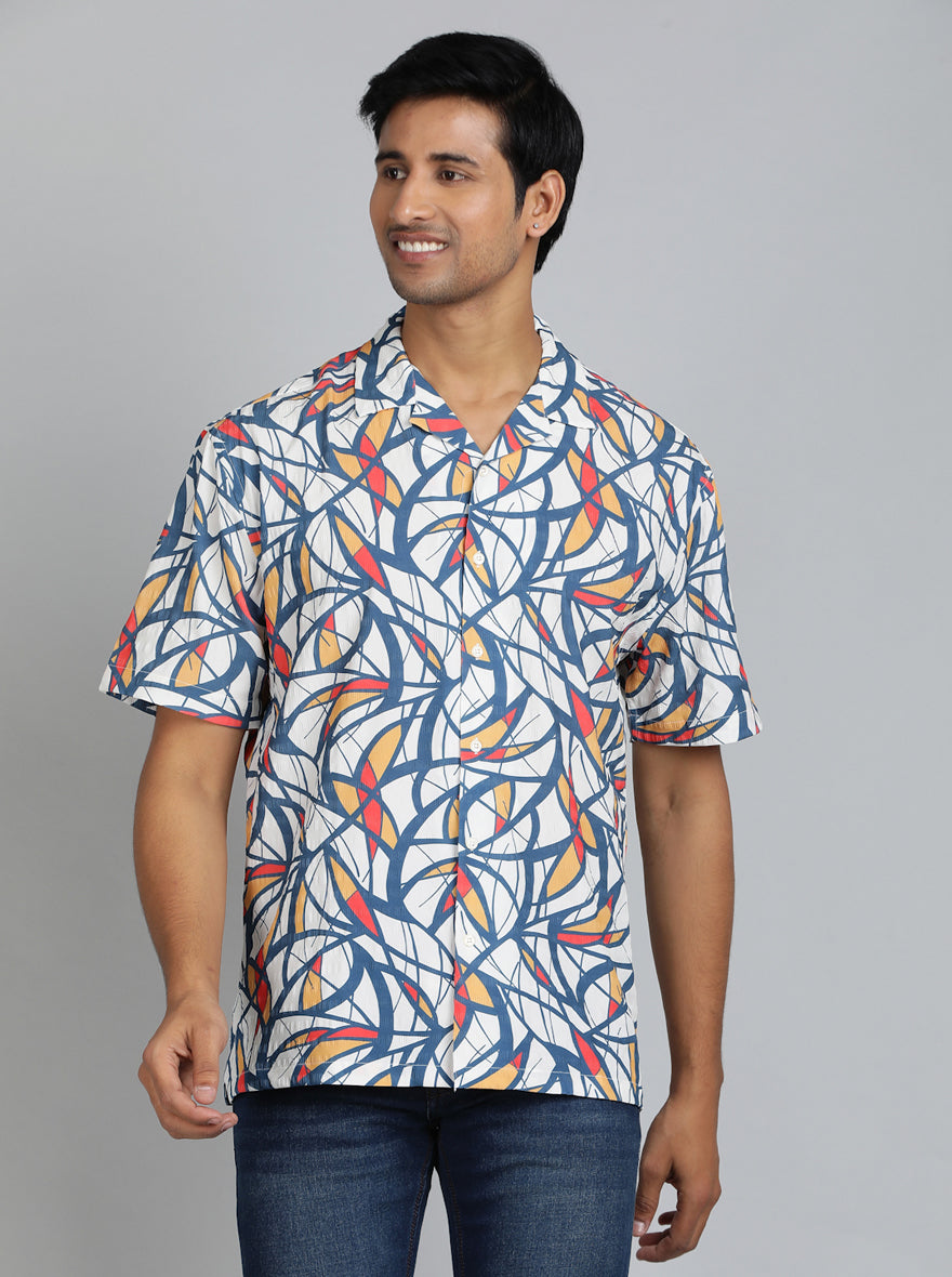 Blue Printed Slim Fit Casual Shirt | pehervi