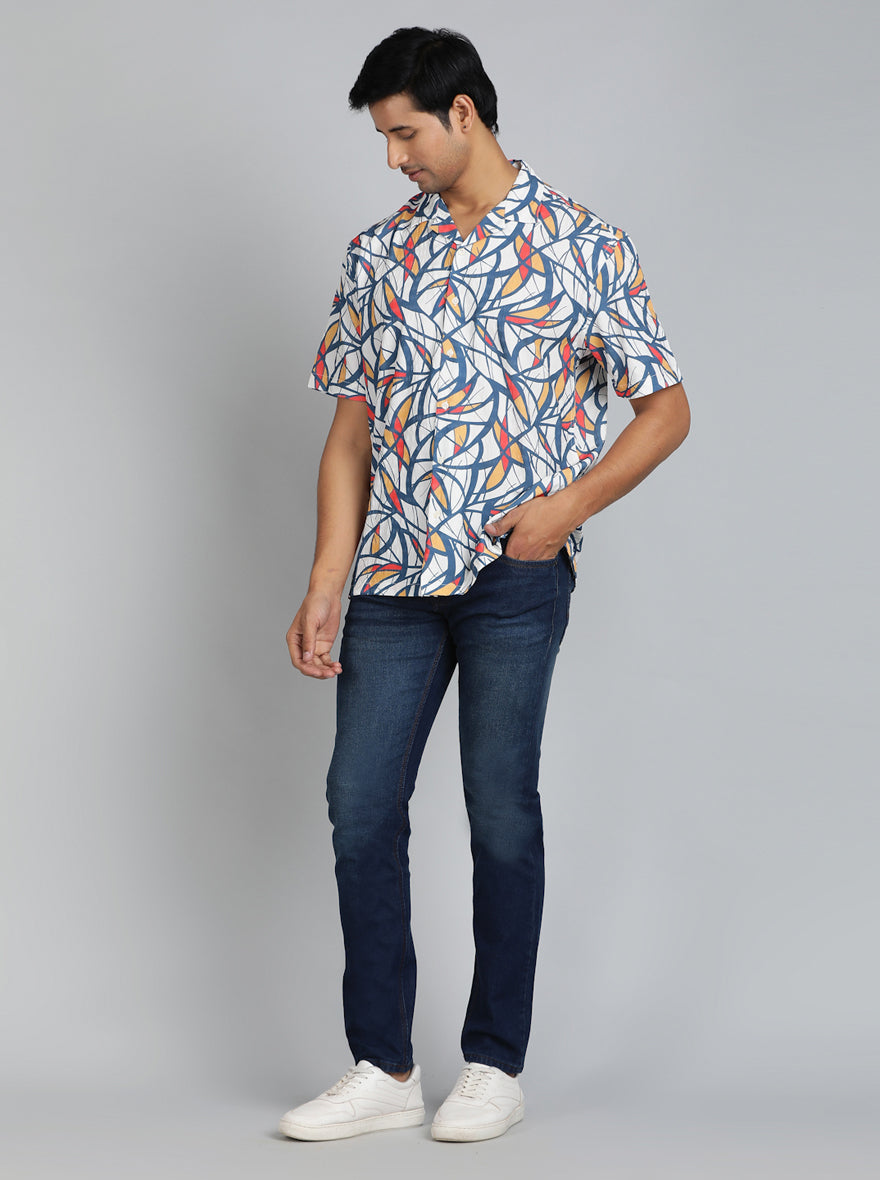 Blue Printed Slim Fit Casual Shirt | pehervi