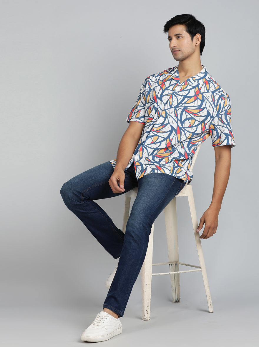 Blue Printed Slim Fit Casual Shirt | pehervi